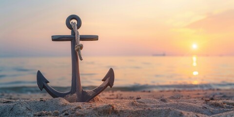 A rustic wooden anchor firmly planted in the sand with the sun setting in the background