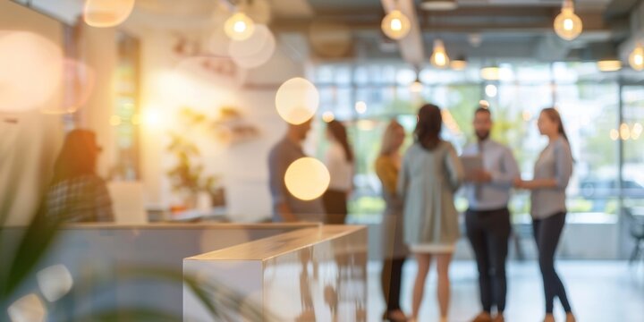A dynamic scene in a bustling business office with a diverse group of people standing