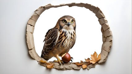 falcon owl carrying an acorn isolate on a white background peers out from a hole in the wall