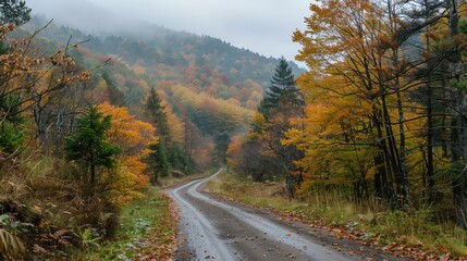 Fototapeta premium Scenic Autumn Road in Misty Forest with Vibrant Fall Colors