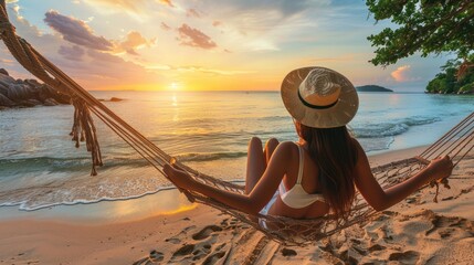 Summer travel beach vacation concept, Traveler asian woman with hat and dress relax on chair beach at Pattaya, Chon Buri, Thailand