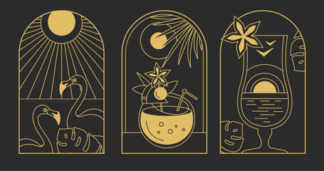 Set of modern line art summer icons with pina colada cocktail, flamingo and sun. Set of summer posters. Vector illustration - obrazy, fototapety, plakaty