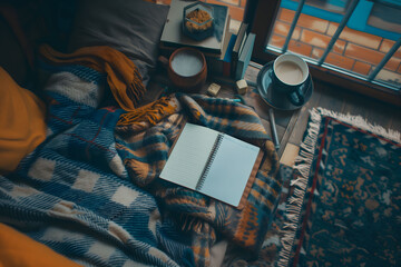 A warm, inviting reading nook with a furry blanket, open notebook, and a cup of coffee on a wooden tray suggesting relaxation and leisure - obrazy, fototapety, plakaty