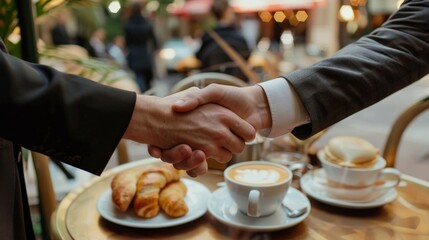 Business professionals in sharp attire shaking hands at a cafe, ready to discuss partnerships over breakfast.