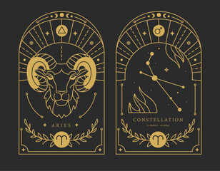 Set of Modern magic witchcraft cards with astrology Aries zodiac sign characteristic. Vector illustration - 778647895