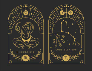 Set of Modern magic witchcraft cards with astrology Scorpio zodiac sign characteristic. Vector illustration - 778648029