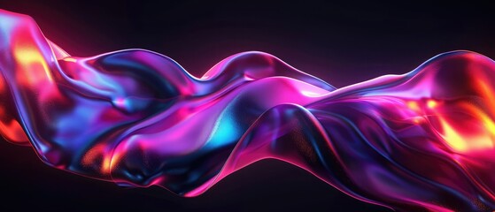 Abstract fluid 3D-rendered holographic iridescent neon curved wave in motion background on the black background. Gradient design element for banners, backgrounds, wallpapers, and covers. - obrazy, fototapety, plakaty