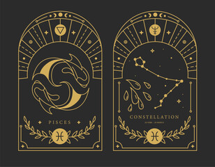 Set of Modern magic witchcraft cards with astrology Pisces zodiac sign characteristic. Vector illustration - 778648090