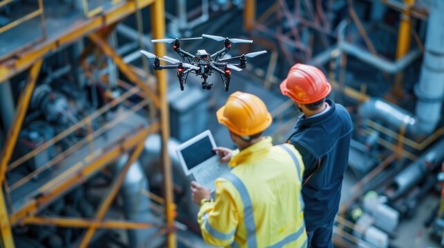 A team of expert engineers pilots a drone on a construction site. Architectural Engineer and Safety Engineering Inspector Fly Drone at Industrial Factory