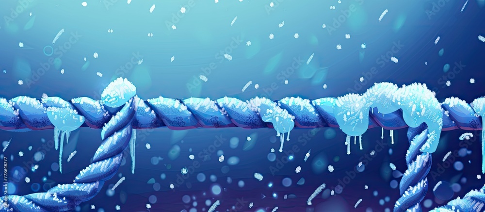 Poster a macro photograph capturing a rope covered in snow and ice, creating a beautiful pattern of electri