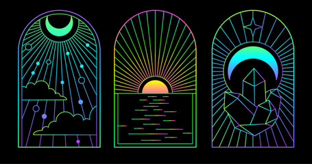 Set of modern flourescent magic witchcraft cards with sun and moon. Line art occult vector illustration - 778648260