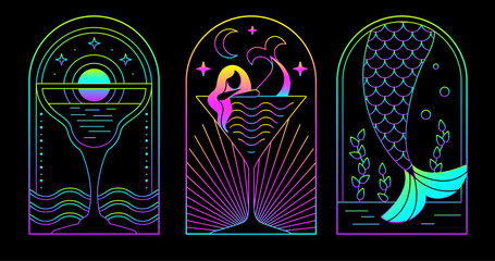 Set of modern fluorescent line art summer icons with mermaid and cocktail. Set of summer posters. Vector illustration - 778648440