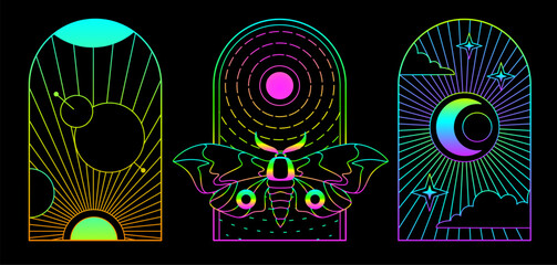 Set of modern fluorescent magic witchcraft cards with sun, moon and butterfly. Line art occult vector illustration