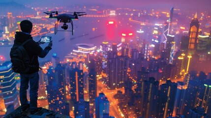 Chinese professional capturing city life through a high-tech drone, with the smart city's interactive digital landscape sprawling below.