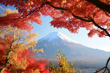 Naklejka na ściany i meble Autumn scenery, A peaceful autumn scenery at Mount Fuji, Japan with maple leaves around, AI generated