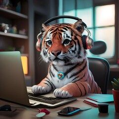 Funny cute tiger in headphones sitting at the desk in front of laptop with paws on keyboard