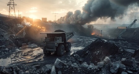 Coal mining in action, showing tough labor at work, as coal fuels much of our world. - obrazy, fototapety, plakaty