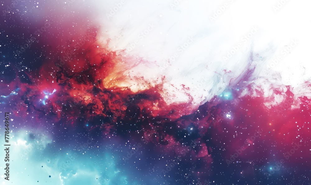 Poster this image depicts a vibrant cosmic nebula with an array of blues, reds, and whites, simulating a ce