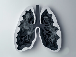 3D papercut human respiratory system filled with toxic air and smoke is at risk of diseases such as cancer.