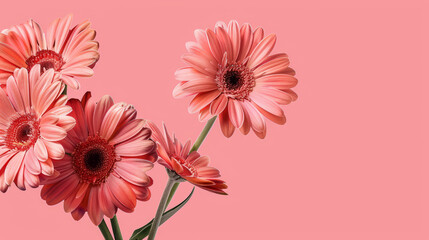 A group of striking Gerbera flowers aligning the left side providing a banner with blank space on the coral backdrop