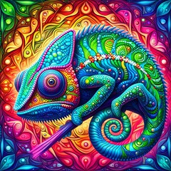 Fototapeta na wymiar Colourful Chameleon at kaleidoscope pattern background , Chameleon Closeup , Sitting ,nature ,reptile ,lizard ,dragon , animal ,green , branch ,illustration .
