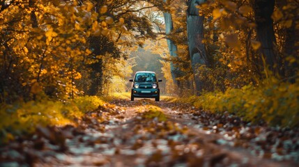Cruising in an electric car along a country path framed by trees in full, lush foliage. - obrazy, fototapety, plakaty