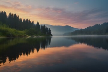 Misty morning scene of Lacu Rosu lake. Foggy summer sunrise in Harghita County, Romania, Europe. Beauty of nature concept background Generative AI - obrazy, fototapety, plakaty