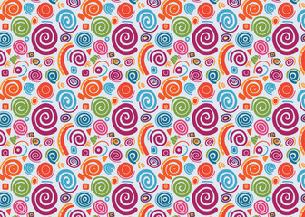 Seamless pattern with colorful spirals. Hand drawn swirls vector background.