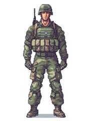 Fototapeta premium A detailed pixel art representation of a soldier standing upright, equipped with military gear, helmet, and a rifle slung over the shoulder