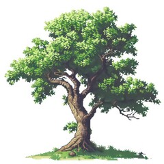 Fototapeta premium A vibrant illustration of a tree with intricate leaves and twisted trunk, conveying a serene natural environment