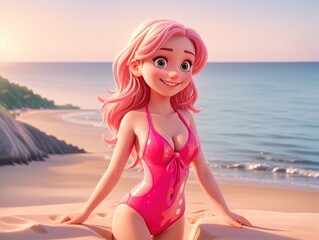 Obraz premium A girl in a pink swimsuit standing on the beach at sunset.