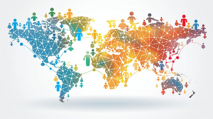 Colorful People Icons on World Map - Social Media Connection Symbols.