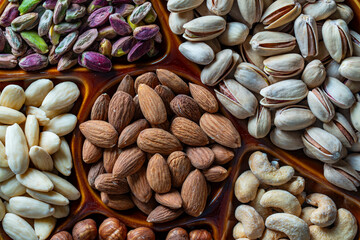 Assortment of nuts in ceramic bowl on a background, close up, top view, copy space. Cashew, hazelnuts, pistachios and almonds nuts. Vegetarian meal. Healthy eating concept