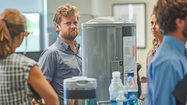 Employees around a water cooler, one person looking particularly drained, indicating the toll of a long day.