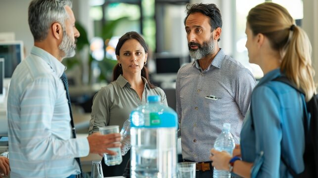 Employees around a water cooler, one person looking particularly drained, indicating the toll of a long day. - Powered by Adobe