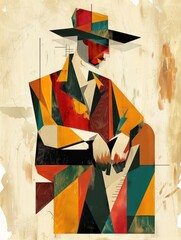A modern abstract cubist art style portrait, featuring a man in a colorful outfit with a hat and geometric shapes