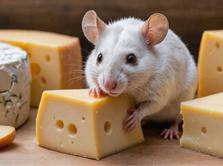 Une souris blanche gourmande et affamée se réserve un gros morceau de fromage, gruyère, emmental.