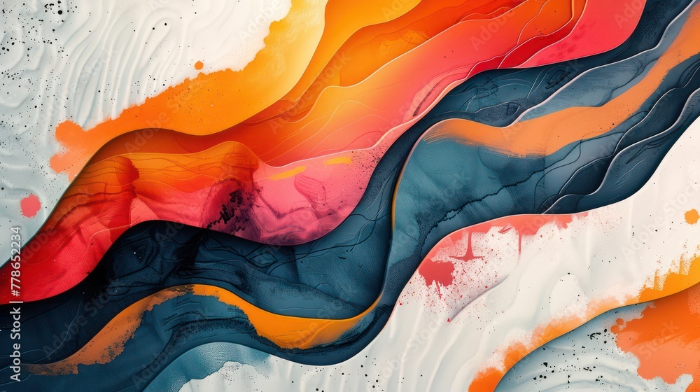 Aufkleber this image features a vibrant abstract pattern with flowing waves in tones of red, orange, black, an