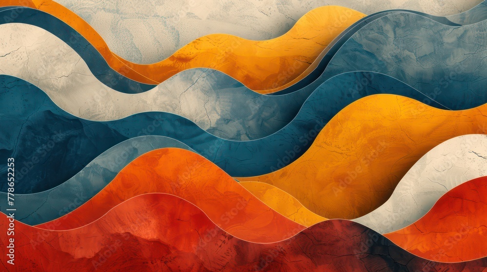 Poster the image displays a textured abstract pattern with waves of blue, orange, and yellow hues, resembli