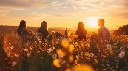 Friends enjoying a sunset picnic in a blooming field, surrounded by rich golden and amber hues.