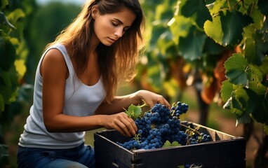 Brunette woman harvests grapes to the wooden boxes in the vineyard. Woman picking grapes