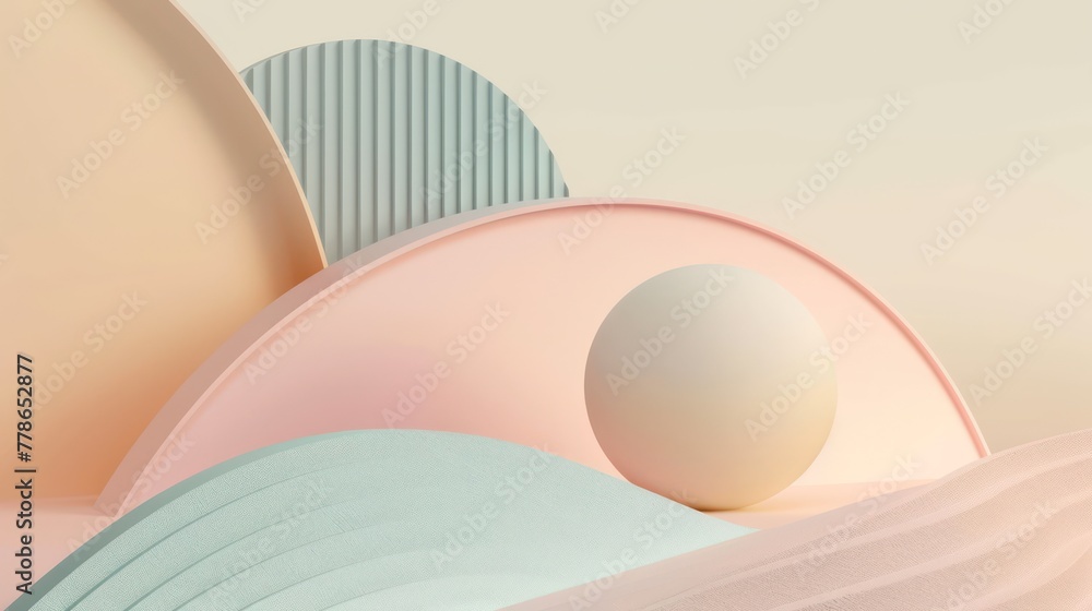 Poster soft pastel colors form geometric and fluid shapes with a central sphere creating a calming minimali