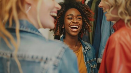 Friends trying on casual yet fashionable attire, laughing and advising each other on personal style.