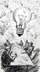 Brainstorming doodle, group clustered at a messy table, ideas as light bulbs, dynamic angle
