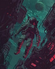An astronaut drifts amidst futuristic, neon-lit skyscrapers with a vivid moon in the backdrop, evoking a cyberpunk ambiance