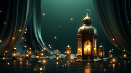  A golden green Lanterns stands in the desert at night sky, lantern Islamic Mosque, crescent moon Ramadan Kareem illustration