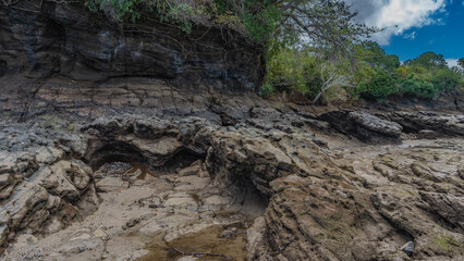 Obraz premium Low tide. The rocky slope of the coastal hill was exposed. Puddles of water on rough stones. Green vegetation against a background of blue sky and clouds. Madagascar. Nosy Be island