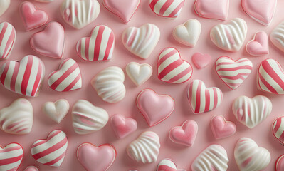 3d rendering of pink and white striped heart shaped candy background. Valentine's Day pattern with lots of hearts in different sizes, pastel colors