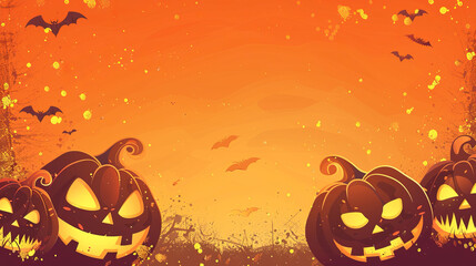 A vibrant Halloween themed banner with blank space, showcasing sinister pumpkins and flying bats against an orange backdrop
