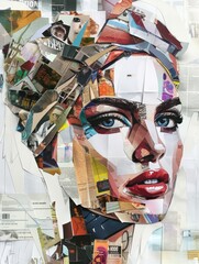 A creative collage portrays a female face using various cutouts from magazines and newspapers, highlighting a pop art aesthetic
